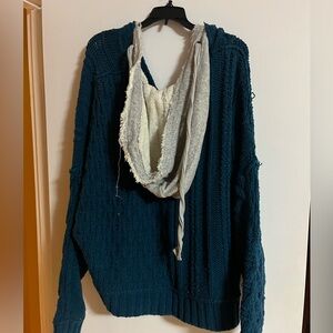 Free People Teal Knit Hooded Sweater